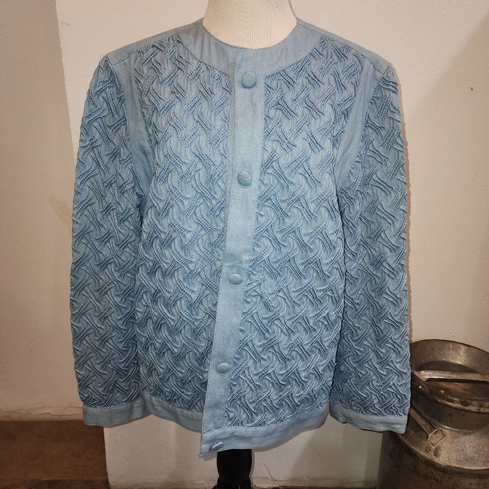 Bis Bis Denim Jean Jacket Coat Sz Large  Gene Ewing Sunwashed Wrinkled Texture